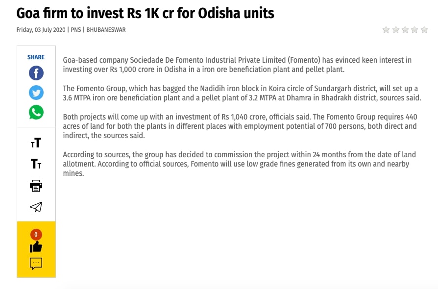 Goa firm to invest Rs 1k crore for Odisha units