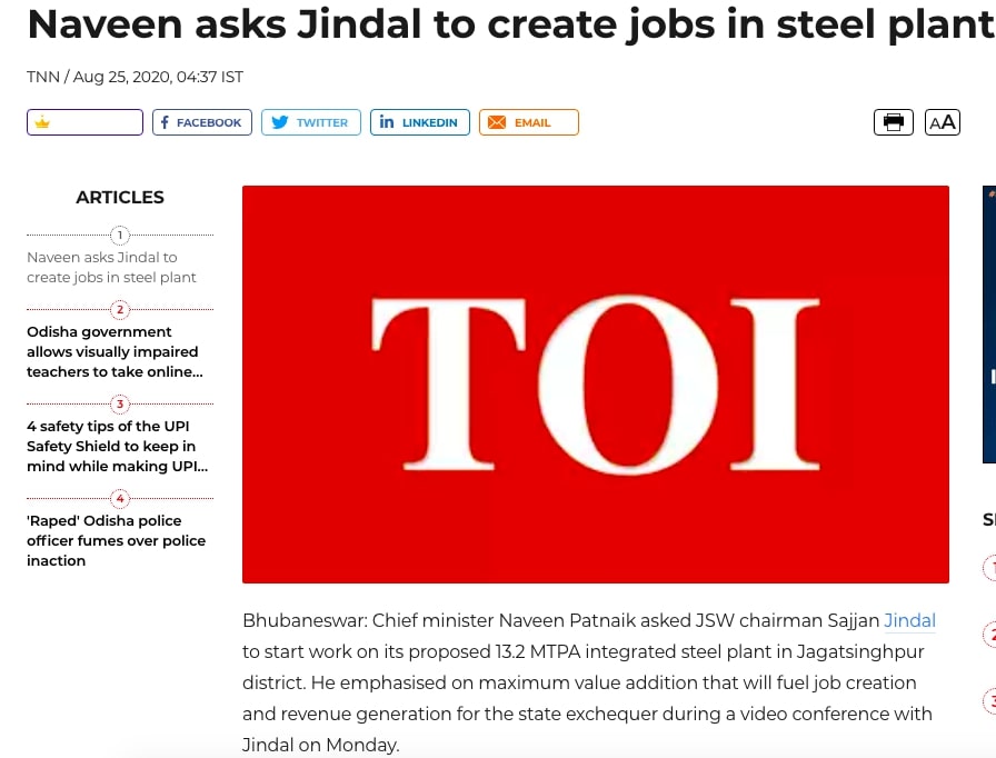 Naveen asks Jindal to create jobs in steel plant